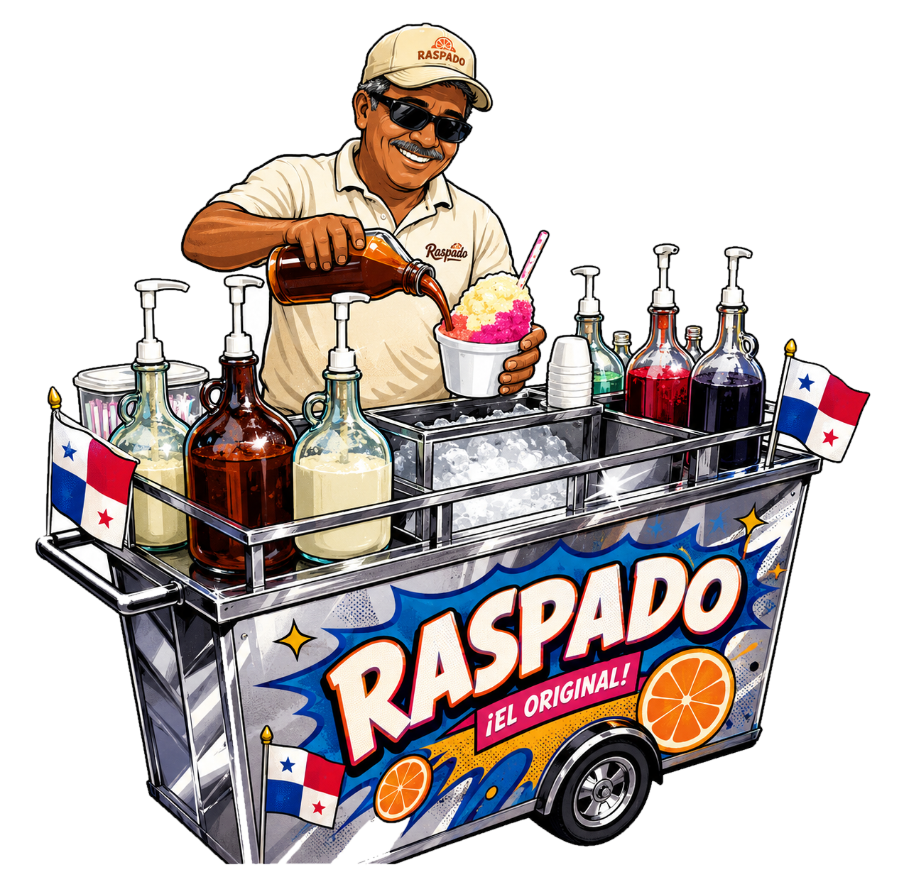 El señor del raspao preparando un raspao en su carrito